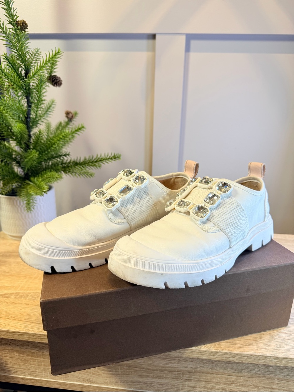 White Slip-On Sneakers with Crystal Embellishments Size 7